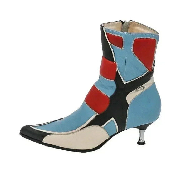 RARE Y2K Red Blue Club Kid Moto Pointed Boots 37 Leather Ankle Kitten Heel Boots - Picture 2 of 5